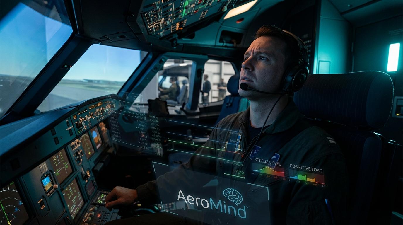 A pilot at the controls of a flight simulator cockpit during a training session.