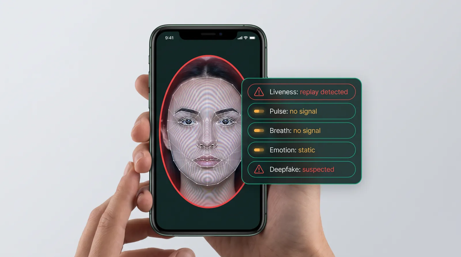 A smartphone liveness check rejecting a replayed photo: face landmarks inside a red frame, with no pulse or breath signal detected.