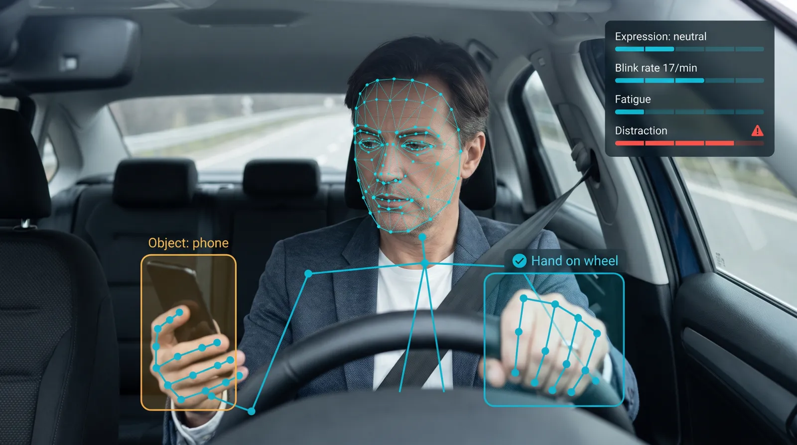 A driver seen face-on from the steering column, with face and hand landmarks, a phone flagged as a distraction and a hand-on-wheel check.