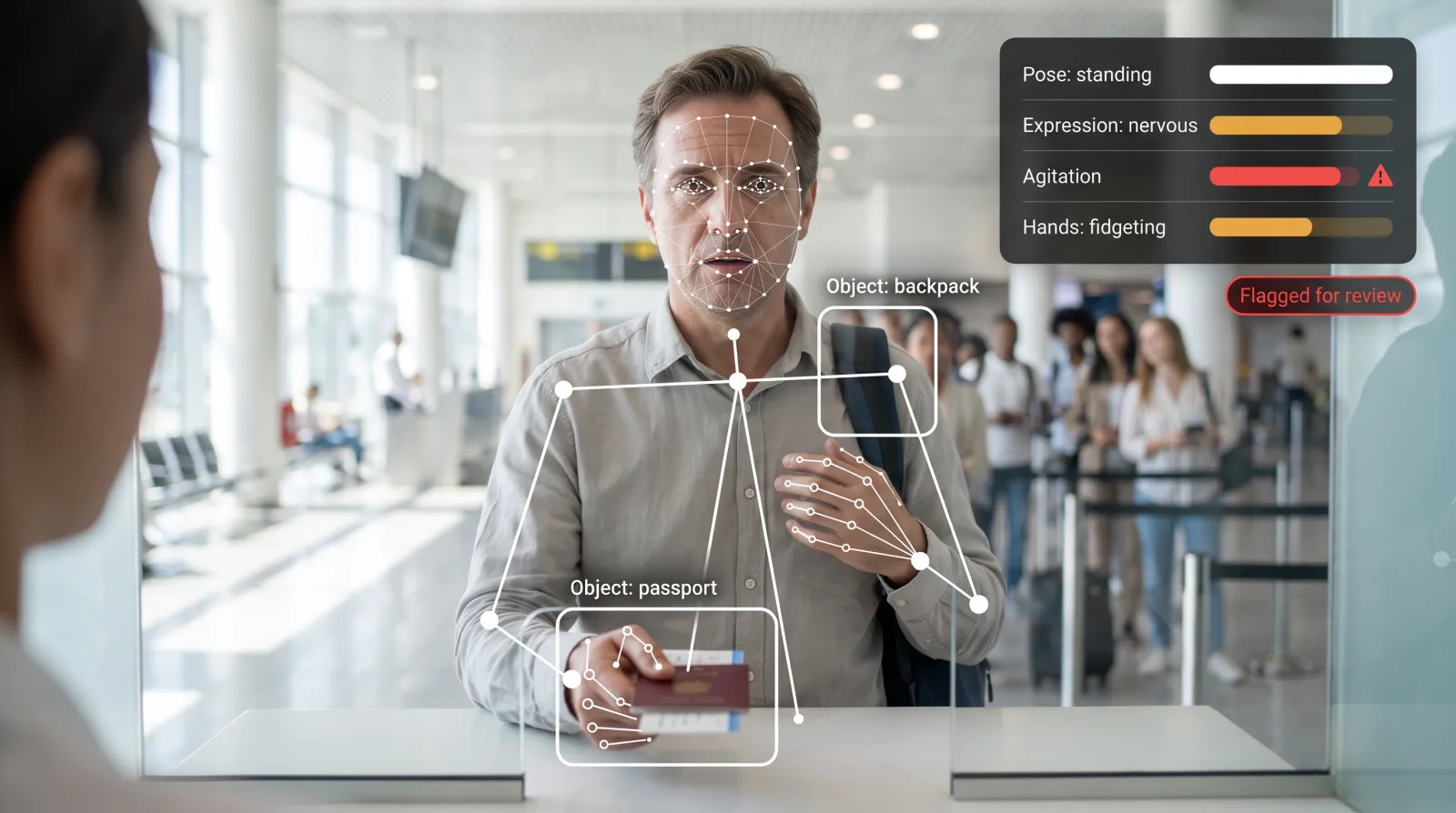 A traveller at a passport control counter with face, body and hand landmarks and a behaviour panel flagging the moment for an officer's review.