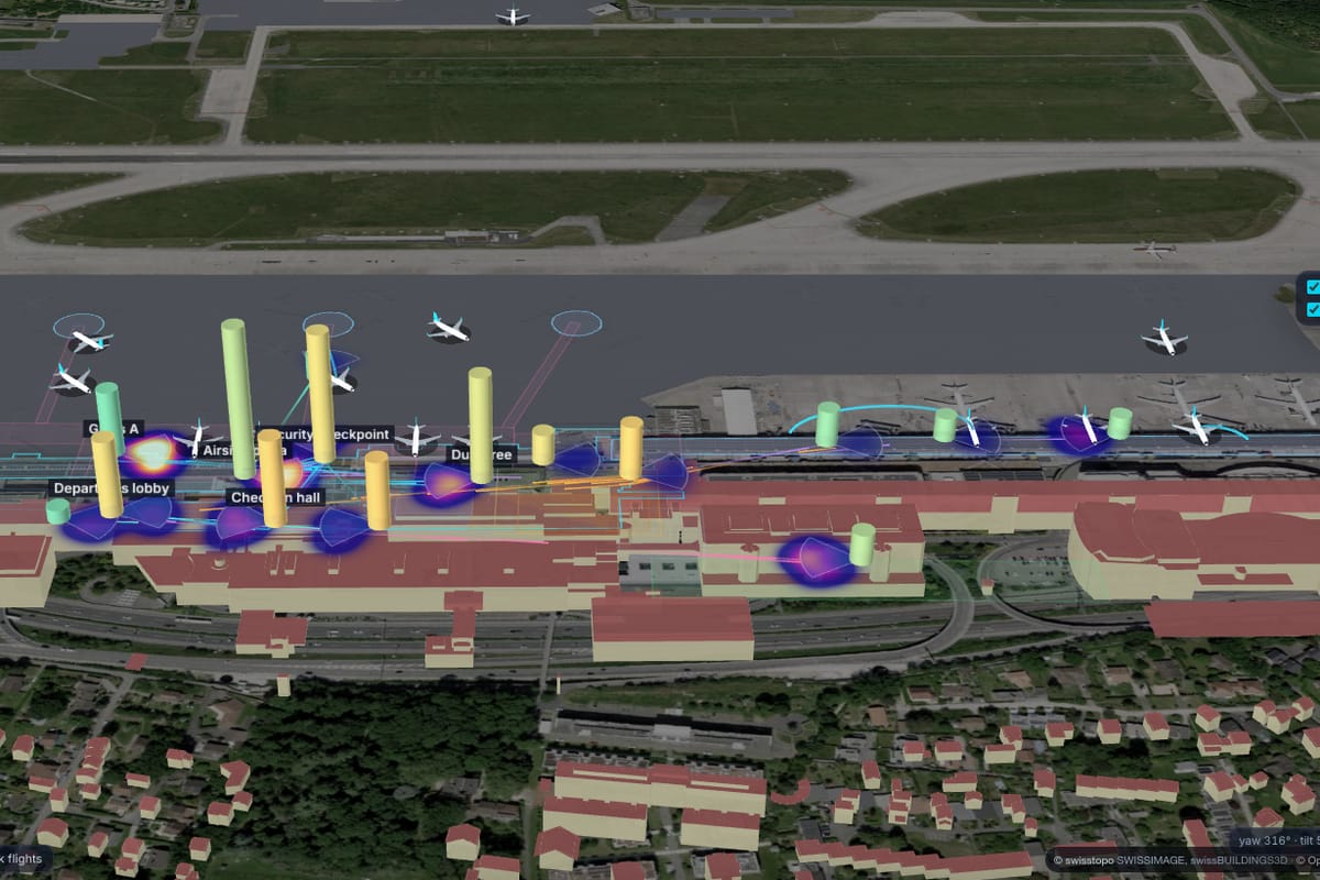 A 3D airport terminal on aerial imagery, with a column per camera for the people in view and dwell heat maps on the floor