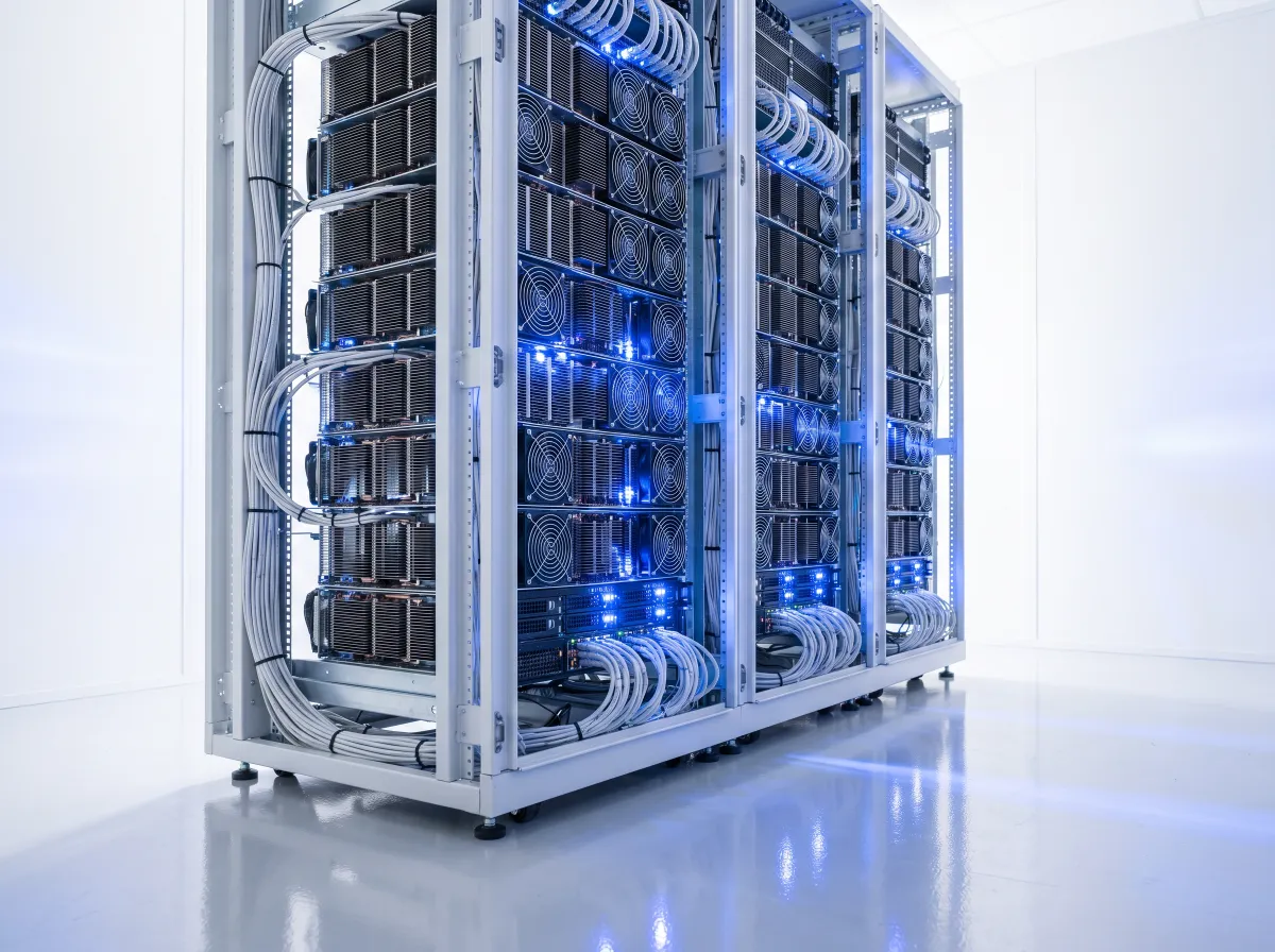 Racks of GPU servers with blue status lights in a bright white server room.
